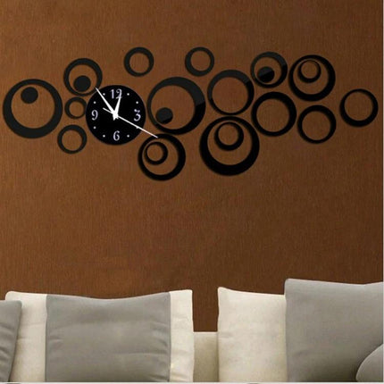 Wall Clock 3D Acrylic Mirror For Living Room Decor - black geometric 3D acrylic mirror clock above sofa, modern circular multi-piece wall decor
