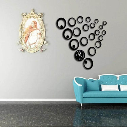 Wall Clock 3D Acrylic Mirror For Living Room Decor - black circular 3D mirror clock arrangement above teal sofa on grey wall