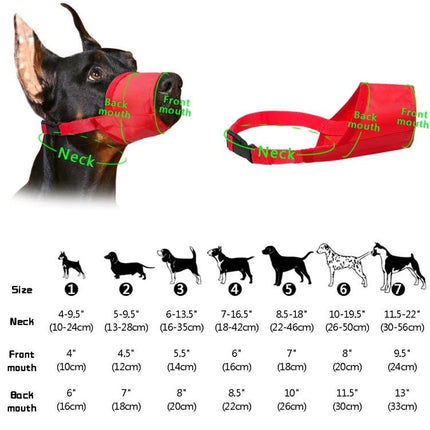 Practical Dog Muzzle for Everyday Pet Safety and Walks - red adjustable muzzle with sizing chart and labeled neck, front mouth, back mouth