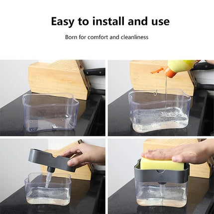 Kitchen Soap Dispenser for Everyday Kitchen Cleanup showing one-handed automatic soap fill and sponge storage, easy to install and use