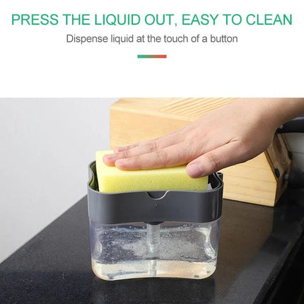 Kitchen Soap Dispenser for Everyday Kitchen Cleanup showing one-handed sponge press to dispense soap and keep counters tidy