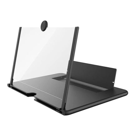 14 Inch 3D Mobile Phone Screen Amplifier with Bracket, Black/White on black stand showing acrylic Fresnel lens and phone holder for hands-free viewing
