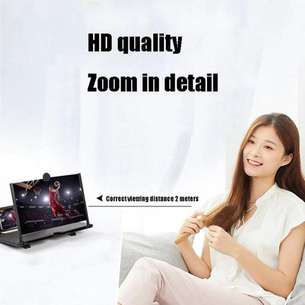 14 Inch 3D Mobile Phone Screen Amplifier with Bracket, Black/White showing woman relaxing and enlarged phone video on ABS acrylic Fresnel lens stand