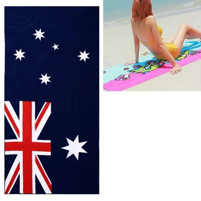 Summer Beach Towel Quick Dry Microfiber 150x70cm Versatile — navy flag design and model on pink towel at sandy beach