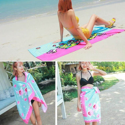 Summer Beach Towel Quick Dry Microfiber 150x70cm Versatile beach scene with colorful microfiber towel being used as mat and sarong