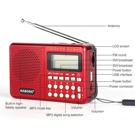 HABONG Rechargeable Portable Radio for FM, AM, and SW Bands - red portable radio with antenna, LCD, USB, volume and MP3 controls