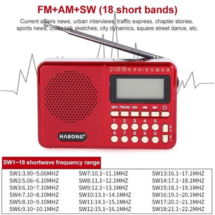 HABONG Rechargeable Portable Radio for FM, AM, and SW Bands compact red radio with antenna, keypad, and LCD display for camping and emergencies