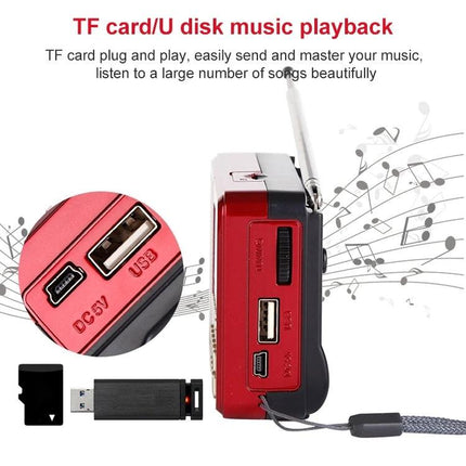 HABONG Rechargeable Portable Radio for FM, AM, and SW Bands showing USB, TF card slot and antenna for portable music and emergency use