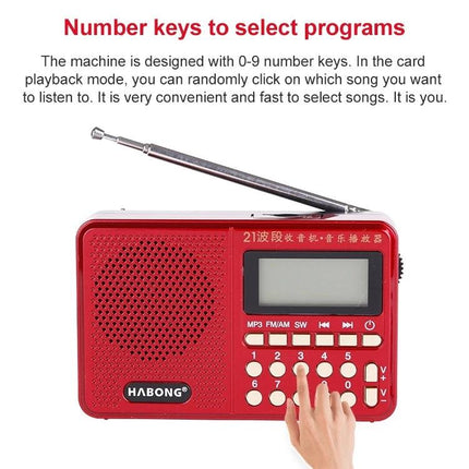 HABONG Rechargeable Portable Radio for FM, AM, and SW Bands showing red unit with antenna, keypad and hand selecting number keys