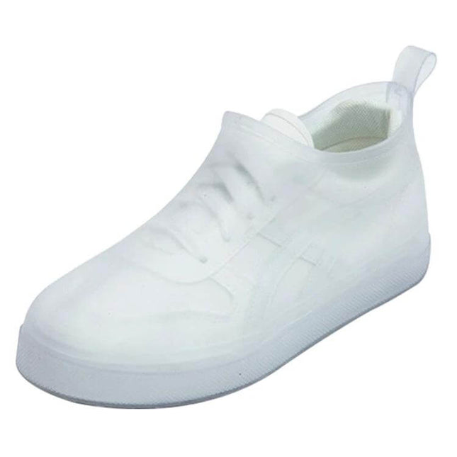 Reusable Waterproof PVC Rain Boot Covers for Outdoor Protection – clear white slip-on PVC cover over sneaker to keep shoes dry and clean