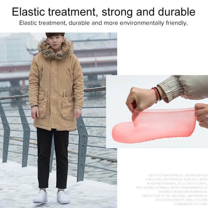 Reusable Waterproof PVC Rain Boot Covers for Outdoor Protection - stretchy pink boot cover shown protecting shoes in wet snowy commute