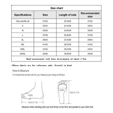 Reusable Waterproof PVC Rain Boot Covers for Outdoor Protection size chart showing sizes, sole lengths and measurement guide