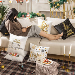 Luxurious Gold Foil Merry Christmas Cushion Cover for Festive Home Decor - 43cm x 43cm