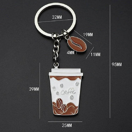 2 Pack Coffee Cup Keychains for Keys and Bags, Ideal Gift - zinc alloy textured finish coffee cup and bean keychain on black background with dimensions