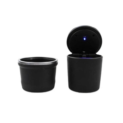 Compact LED Car Ashtray For Clean Tidy Interior Daily - black matte portable car ashtray with blue LED, compact 8.5x7.5x6cm, easy to empty and clean