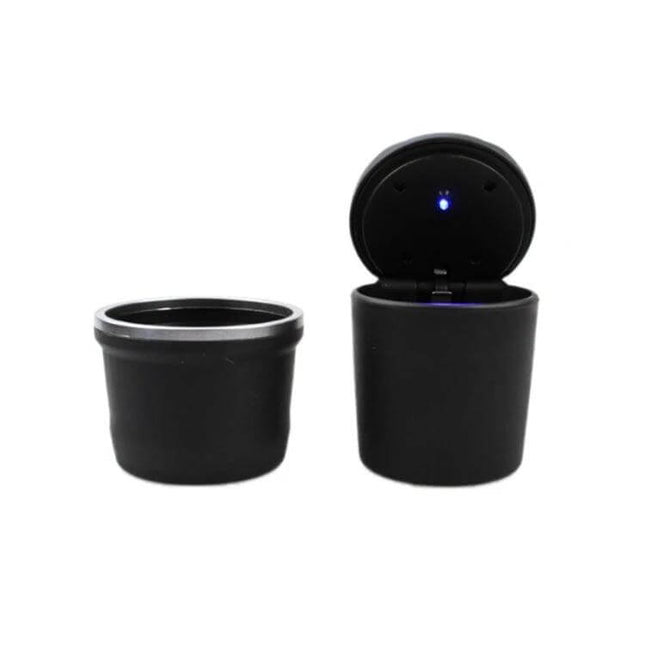 Compact LED Car Ashtray For Clean Tidy Interior Daily - black matte portable car ashtray with blue LED, compact 8.5x7.5x6cm, easy to empty and clean