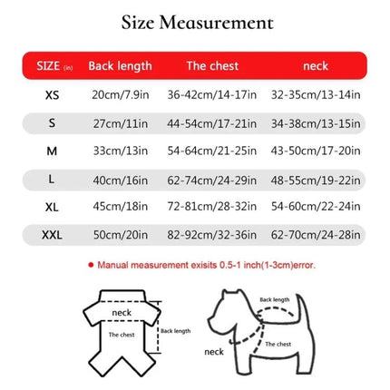 Dog Life Jacket for Safe Summer Water Activities size chart showing XS to XXL back length chest and neck measurements