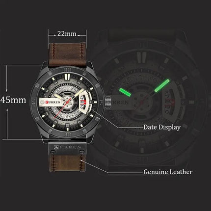 CURREN Men's Military Quartz Sports Watch 45mm Leather | Syndmart