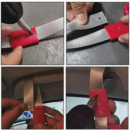 Heart-Shaped Car Decorative Warning Ring for Protection and Safety — red nylon strap buckle installed on car visor and dashboard for safety reminder