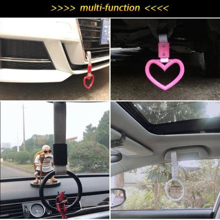 Heart-Shaped Car Decorative Warning Ring for Protection and Safety - pink nylon heart car ring shown mounted on bumper, tow hook, rearview mirror and dashboard