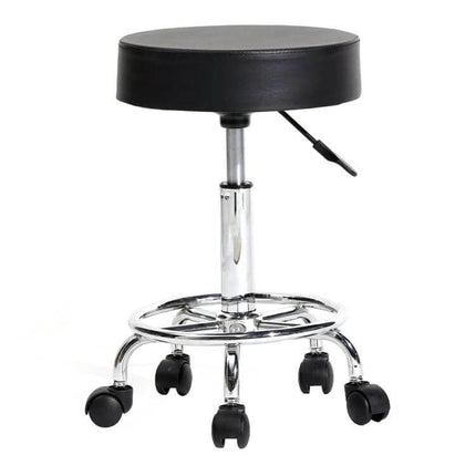 Height Adjustable Pulley Bar Stool for Barber Shop with chrome frame, black PU leather round seat, 360° swivel and caster wheels