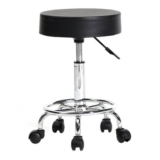 Height Adjustable Pulley Bar Stool for Barber Shop with chrome frame, black PU leather round seat, 360° swivel and caster wheels
