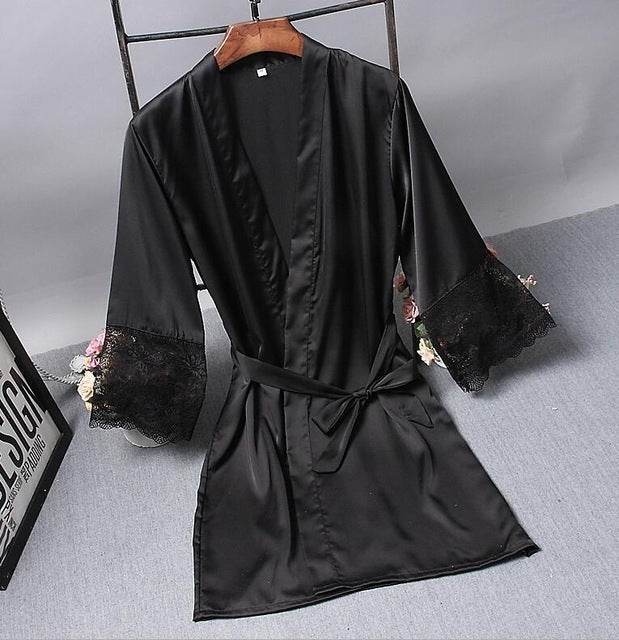 Robes Elegant Sleepwear Sexy Lace Women Dressing Kimono Silk Bath Robe, M, L, XL, XXL - Syndmart