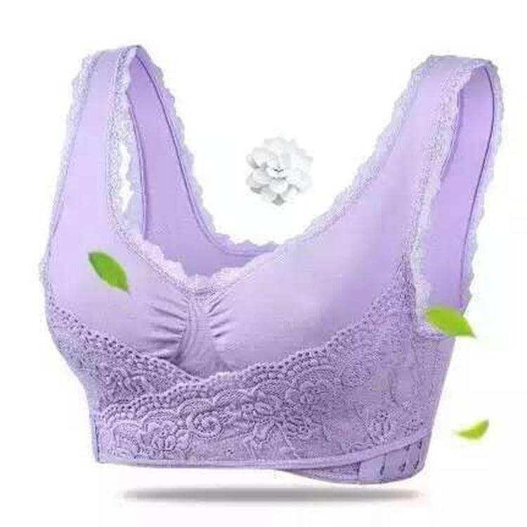 Lace-Trimmed Wireless Sports Bra with Cross Back Support for Women - Soft and Breathable Purple