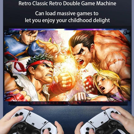 Wireless Dual Gamepad Controller for PS1 and Retro Emulation showing two hands holding dual gamepads playing classic fighting game on TV