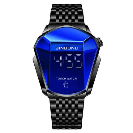 Alt Tag: BINBOND Men's Touch Screen Steel Band Watch for Everyday Use - blue faceted touch display, luminous hands, calendar, 44.5mm steel band