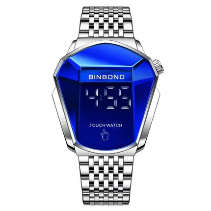 BINBOND Men's Touch Screen Steel Band Watch for Everyday Use showing blue face, luminous hands, calendar and stainless steel band, 44.5 mm