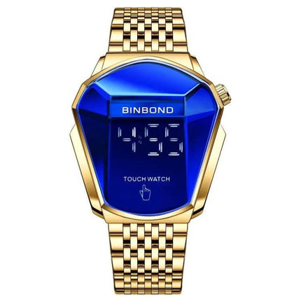 Alt Tag: BINBOND Men's Touch Screen Steel Band Watch for Everyday Use - gold steel band blue touchscreen face with luminous hands and calendar, 44.5mm