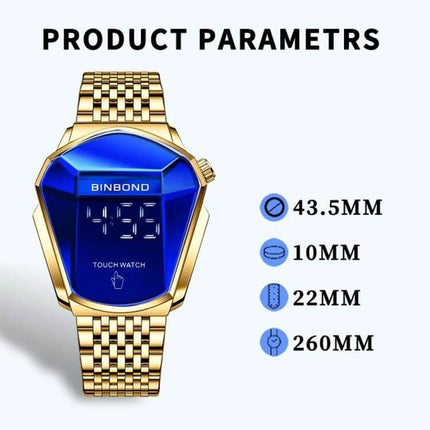 BINBOND Men's Touch Screen Steel Band Watch for Everyday Use - gold steel band watch with blue touch screen, luminous hands, calendar, 44.5mm