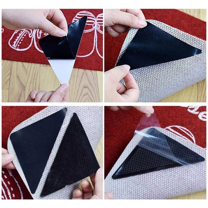 Non-Slip Stickers for Safer Bathroom Floors at Home - black triangular adhesive rug grips shown being peeled and applied to bathroom mat edges
