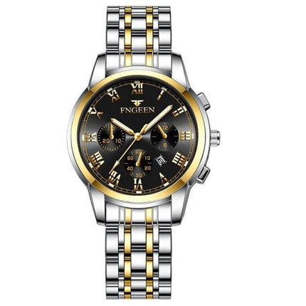 FNGEEN Elegant Ladies Quartz Watch with Luminous Date Display - two-tone stainless steel strap, black dial, luminous date and calendar function