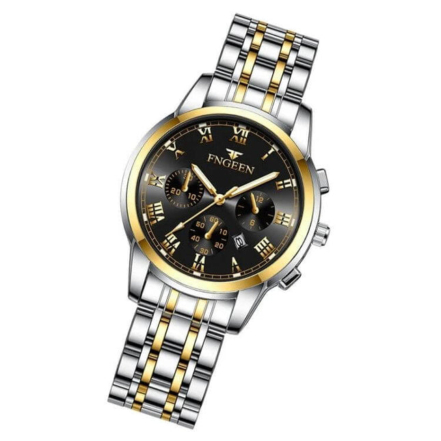 FNGEEN Elegant Ladies Quartz Watch with Luminous Date Display - two-tone stainless steel wristwatch, 41.5mm, luminous date and calendar, 30m waterproof