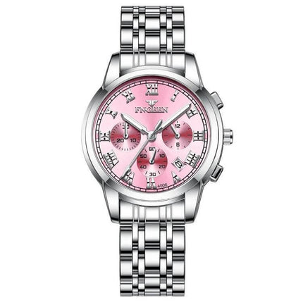FNGEEN Elegant Ladies Quartz Watch with Luminous Date Display - silver bracelet with pink dial, luminous date and calendar, 41.5mm everyday watch