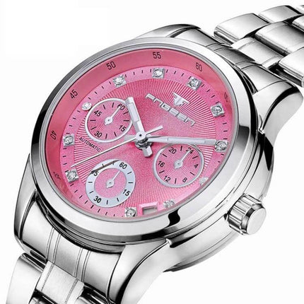 FNGEEN Elegant Ladies Quartz Watch with Luminous Date Display - pink dial stainless steel women's watch, luminous date and calendar