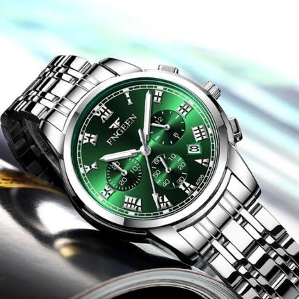 FNGEEN Elegant Ladies Quartz Watch with Luminous Date Display - green dial stainless steel bracelet, luminous calendar, 41.5mm case, 30m water-resistant