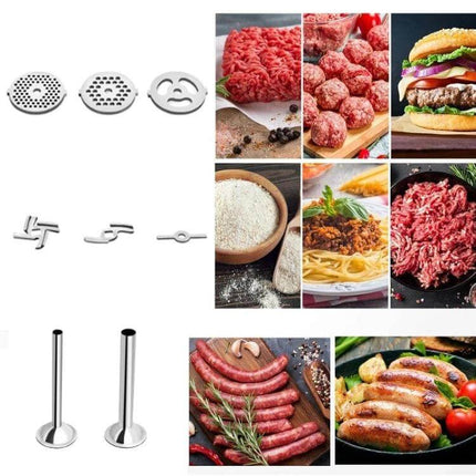 All Metal Meat Grinder Attachment Set for Stand Mixers showing stainless steel plates, blades, sausage funnels and ground meat dishes