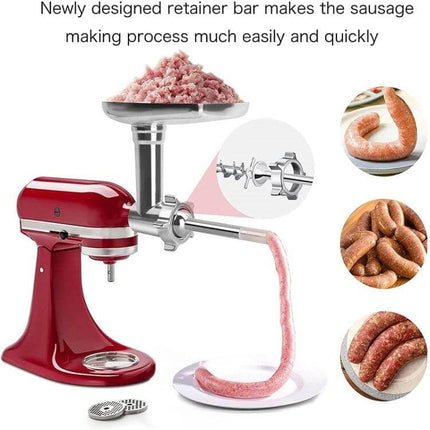 All Metal Meat Grinder Attachment Set for Stand Mixers attached to red stand mixer extruding sausage into casing, stainless steel grinder and sausage-making plates