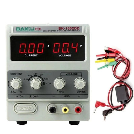 Baku DC Regulated Power Supply for Mobile Device Maintenance front view with digital display and test leads
