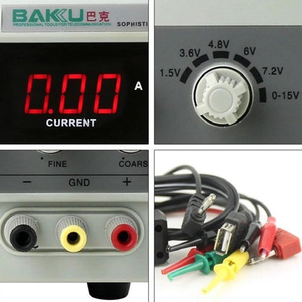 Baku DC Regulated Power Supply for Mobile Device Maintenance showing digital current display, voltage knob, output terminals and test leads