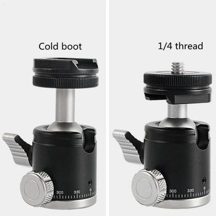 BEXIN K-19 Versatile Ball Head Mount for Cameras and Phones showing cold shoe and 1/4" thread adapter for phone and camera mounting