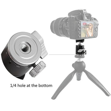 BEXIN K-19 Versatile Ball Head Mount for Cameras and Phones securing a DSLR on a mini tripod with 1/4" hole for stable hands-free recording