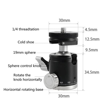 BEXIN K-19 Versatile Ball Head Mount for Cameras and Phones compact 19mm sphere ball head with 1/4" screw, cold shoe and horizontal rotating base