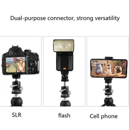 BEXIN K-19 Versatile Ball Head Mount for Cameras and Phones showing SLR, flash, and cell phone mounted for hands-free shooting