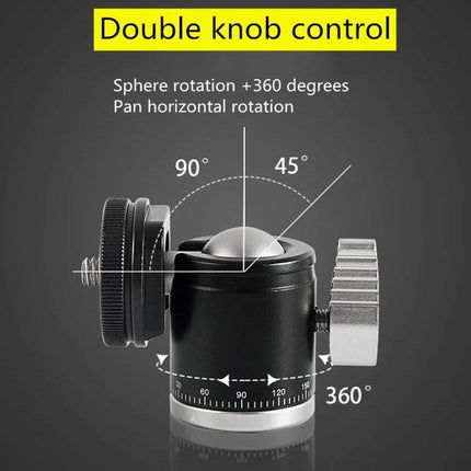 BEXIN K-19 Versatile Ball Head Mount for Cameras and Phones showing double knob control, 360° pan and 90°/45° tilt markings
