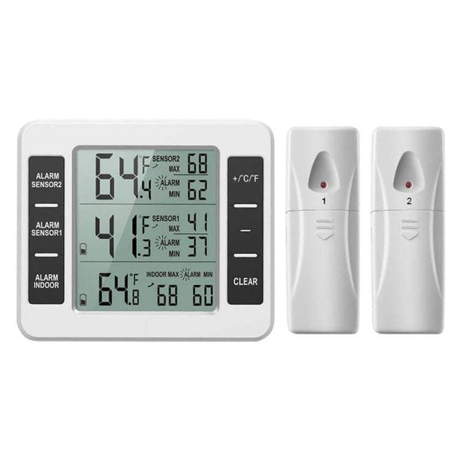 Home Wireless Refrigerator Thermometer With Low Temp Alarm showing wireless display and two remote sensors