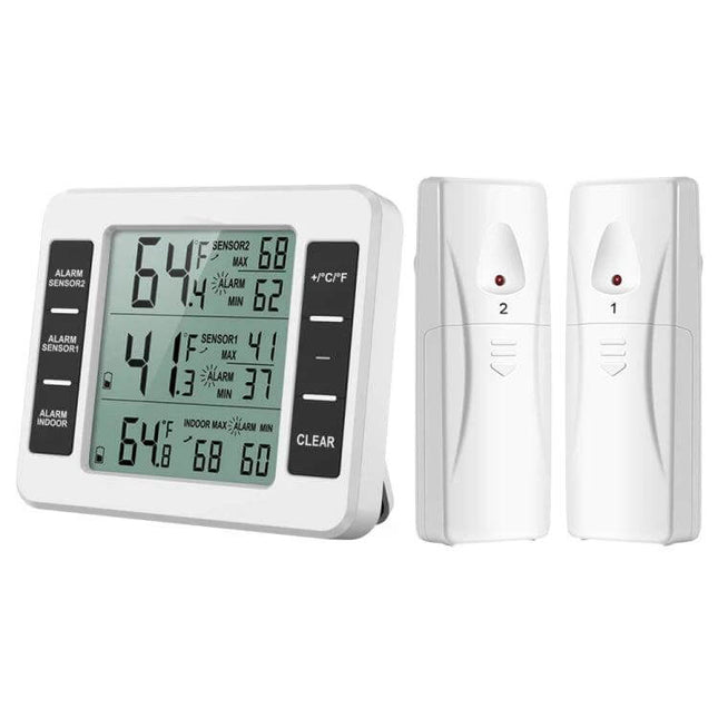 Home Wireless Refrigerator Thermometer With Low Temp Alarm showing wireless display and two external sensors